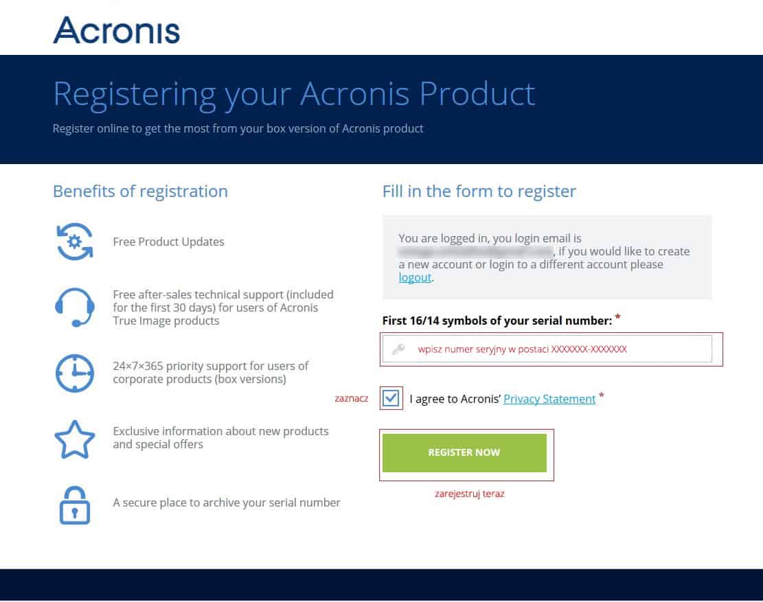 Rejestracja Acronis 2016